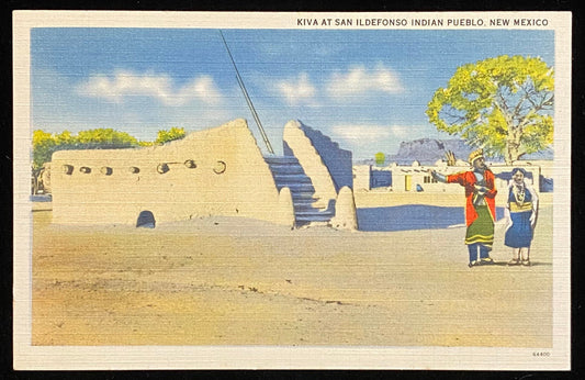 Kiva at San Ildefonso Indian Pueblo, New Mexico - 1940s Linen Postcard