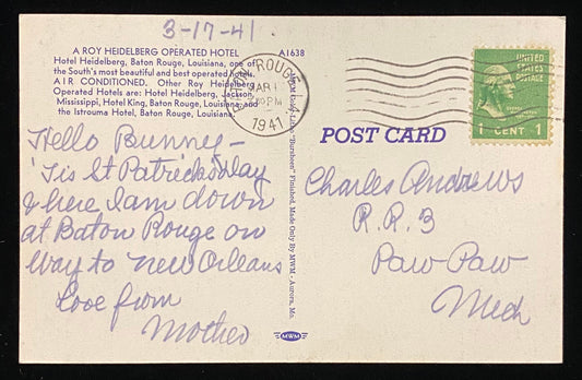 Hotel Heidelberg - Baton Rouge, Louisiana - 1930s Linen Postcard