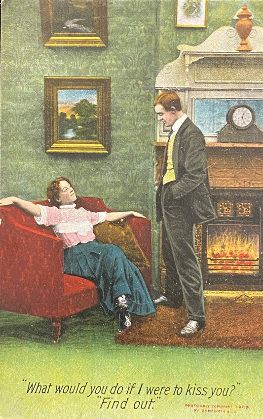 What Would You Do If I Were To Kiss You? - Find Out -  Satrical 1900s Flirtatious Couple Vintage Postcard