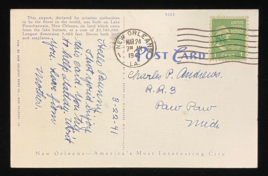 Lindbergh Hangar, New Orleans Airport, New Orleans, Louisiana - 1930s Linen Postcard