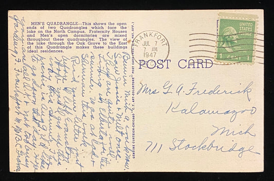 Men's Quadrangle, Northwestern University, Evanston, Illinois - 1937 Linen Postcard