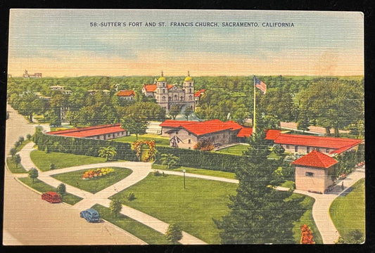 Sutter's Fort and St. Francis Church - Sacramento, California - 1940s Linen Postcard