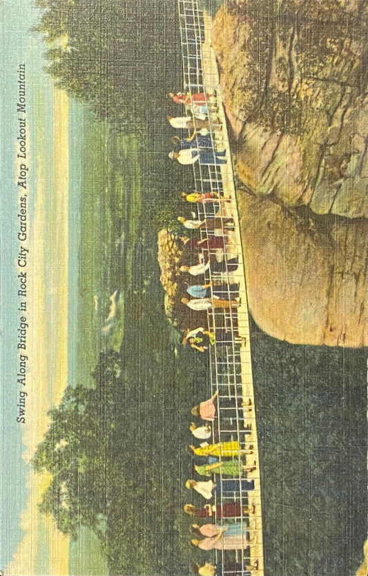 Swing Along Bridge - Rock City Gardens - Lookout Mountain, Georgia - 1949 Linen Postcard