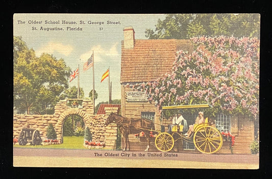 The Oldest School House, St. George Street, St. Augustine, Florida - 1940s Linen Postcard