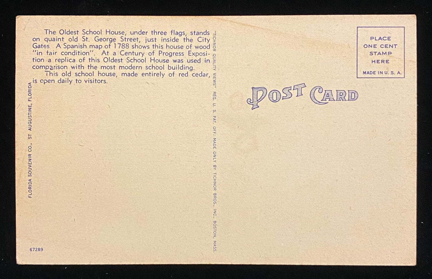 The Oldest School House, St. George Street, St. Augustine, Florida - 1940s Linen Postcard