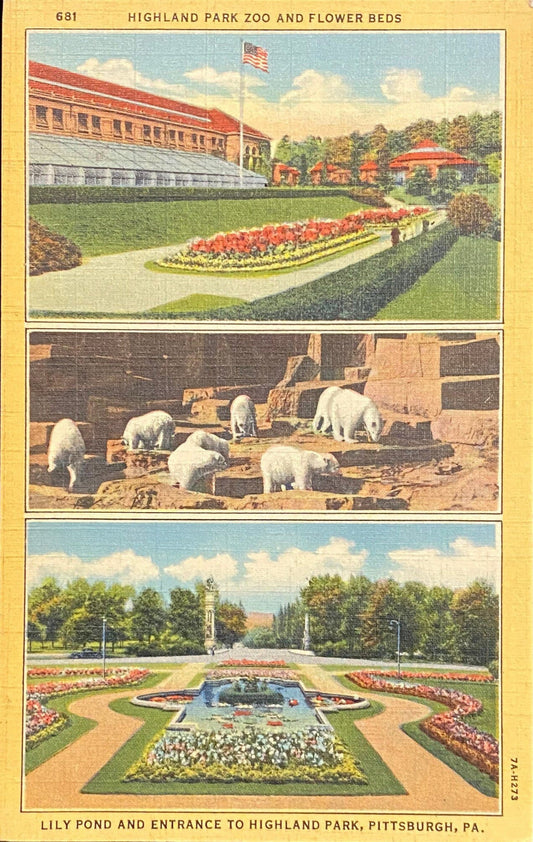 Highland Park Zoo and Flower Beds - Lily Pond and Entrance to Highland Park - Pittsburgh, Pennsylvania - 1937 Linen Postcard