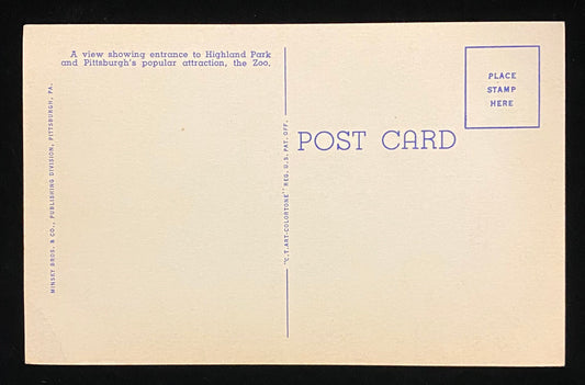 Highland Park Zoo and Flower Beds - Lily Pond and Entrance to Highland Park - Pittsburgh, Pennsylvania - 1937 Linen Postcard