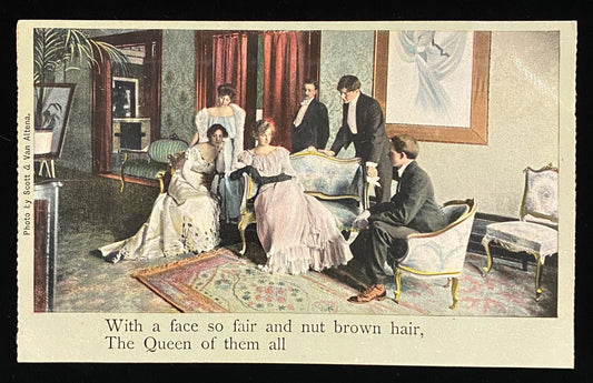 With a face so fair and nut brown hair, The Queen of them all - Satirical Vintage Postcard