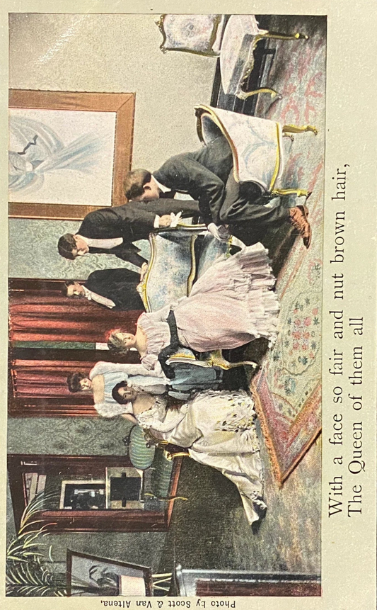 With a face so fair and nut brown hair, The Queen of them all - Satirical Vintage Postcard