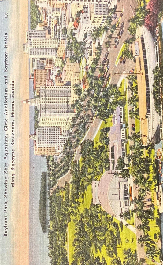 Bayfront Park - Showing Ship Aquarium - Civic Auditorium and Bayfront Hotels along Biscayne Boulevard - Miami, Florida - Vintage Postcard
