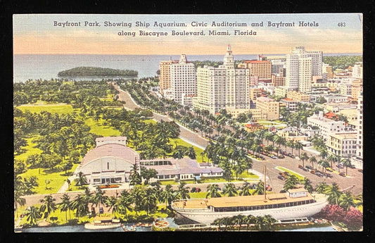 Bayfront Park - Showing Ship Aquarium - Civic Auditorium and Bayfront Hotels along Biscayne Boulevard - Miami, Florida - Vintage Postcard
