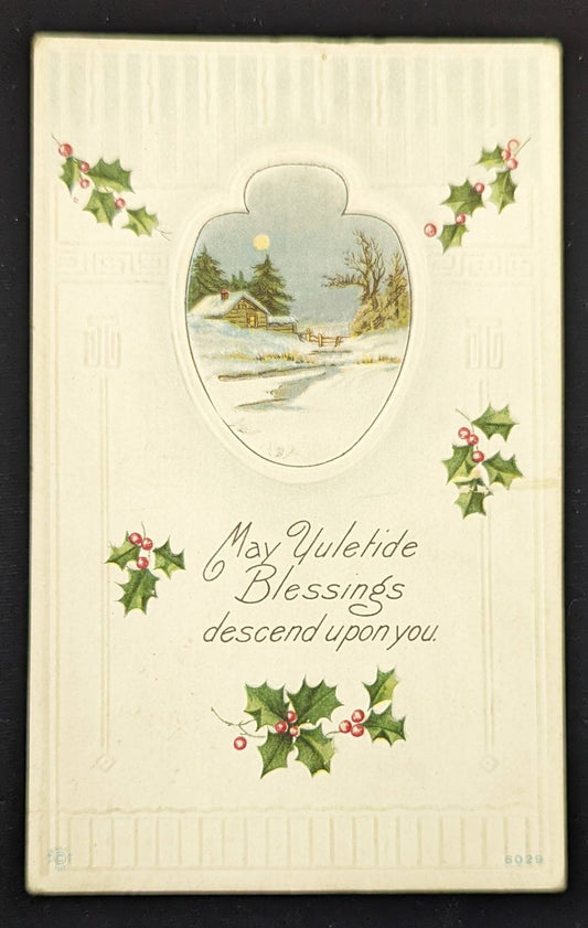 May Yuletide Blessings Descend Upon You - Vintage Embossed Christmas Postcard