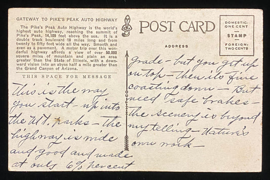 Gateway to Pike's Peak Auto Highway - Colorado - Vintage Postcard