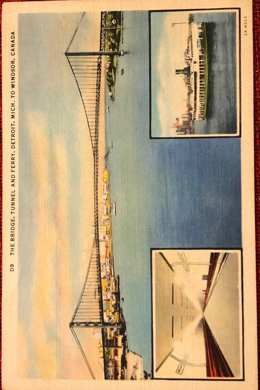 The Bridge - Tunnel and Ferry - Detroit, Mich to Windsor, Canada - International 1930s Postcard
