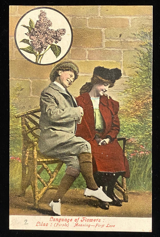 Language of Flowers: Lilac ,Purple meaning First Love - Satrical Vintage Postcard