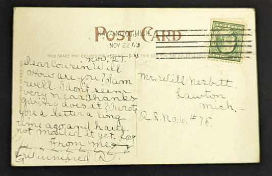 Thanksgiving Greetings Embossed Card 1903 date - Holiday Vintage Postcard