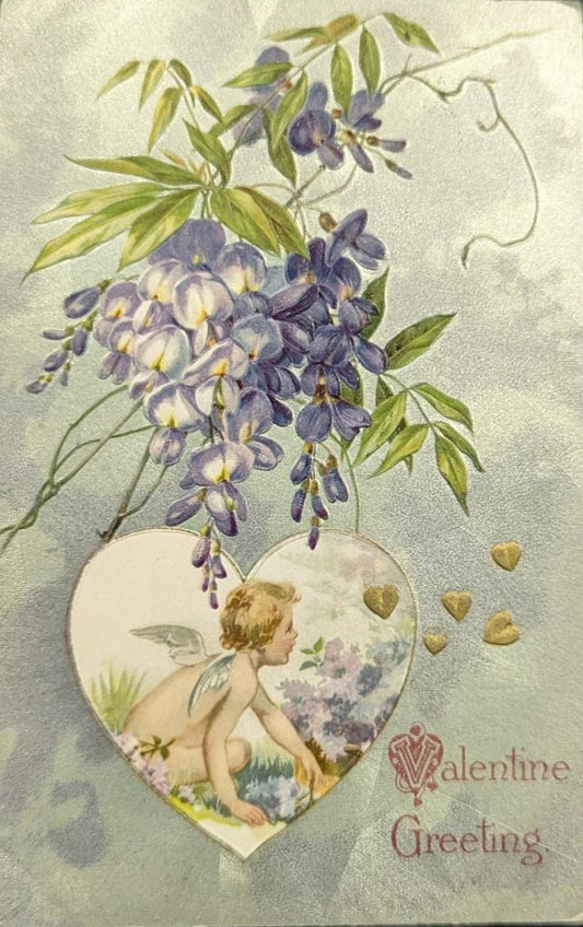 Valentine Greeting with Wisteria Flowers and Cupid - Vintage Valentine Postcard