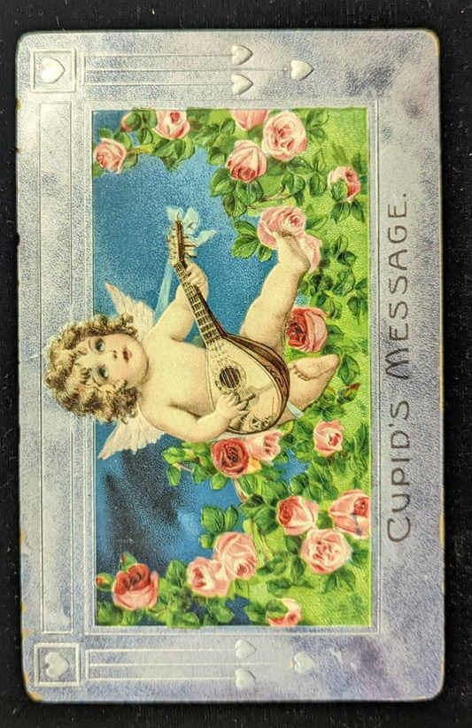 Cupid's Message With Cupid Playing the Guitar - Vitnage Valentine Postcard