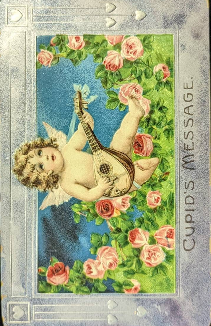 Cupid's Message With Cupid Playing the Guitar - Vitnage Valentine Postcard