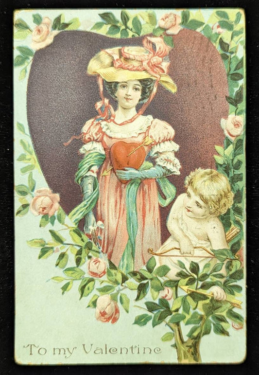 To my Valentine with Cupid and Lady with Pierced Heart - Vintage Valentine Postcard