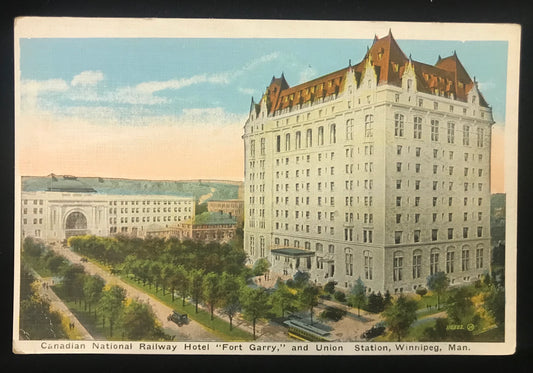 Canadian National Railway Hotel - "Fort Garry," and Union Station - Winnipeg, Manitoba, Canada - International Linen Postcard