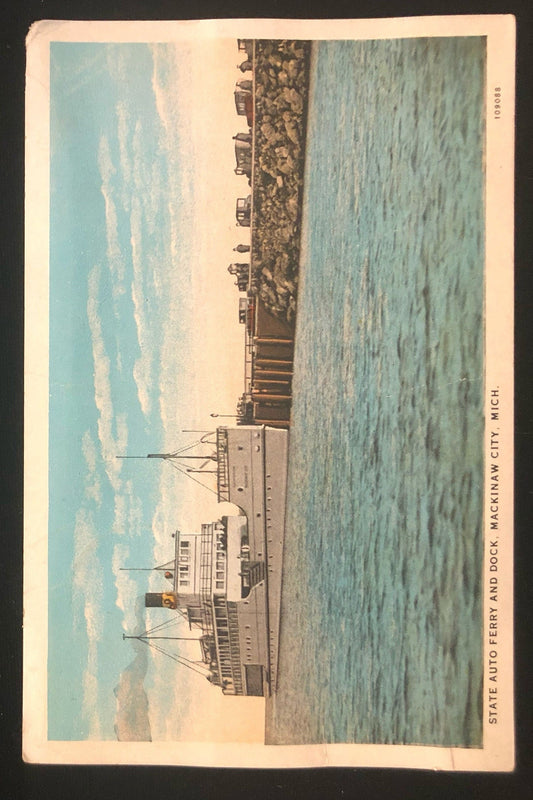 State Auto Ferry and Dock, Mackinaw City Michigan, Carmine 2 Cent Washinton Stamp 1926 - 28, Vintage Postcard