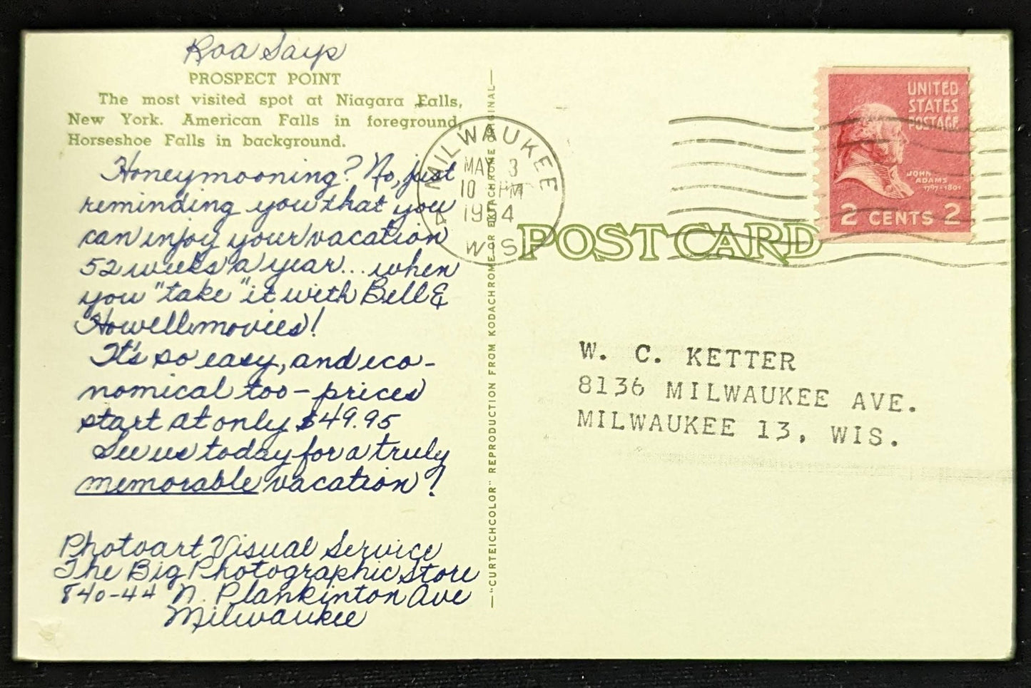 Prospect Point, Niagara Falls, New York - 1938 John Adams Red 2 Cent Stamp, Bell & Howell Adver. Vintage Postcard