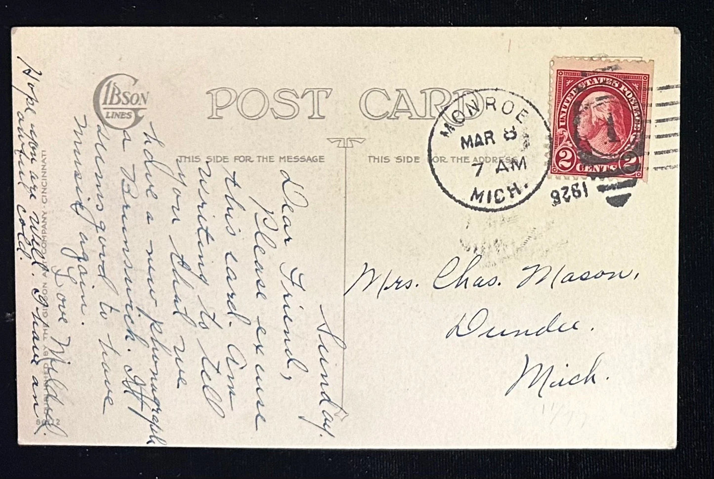 Vintage postcard with a stamp and handwritten text, featuring the Gibson brand.