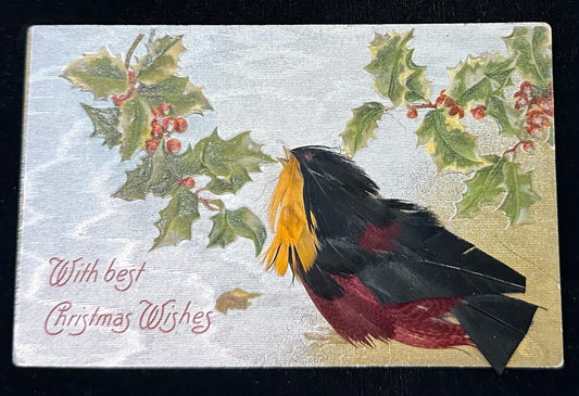 With best Christmas Wishes - Vintage Postcard With Bird Made of Real Feathers (RARE find)