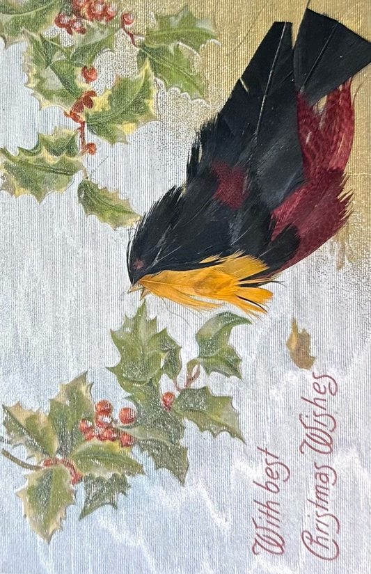 With best Christmas Wishes - Vintage Postcard With Bird Made of Real Feathers (RARE find)
