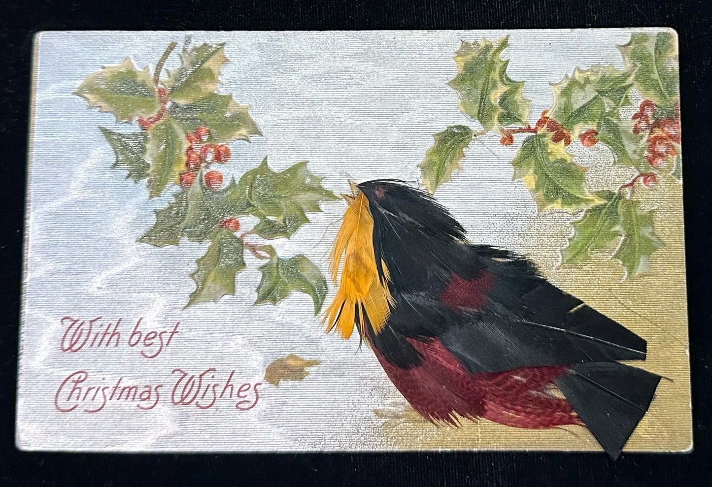 With best Christmas Wishes - Vintage Postcard With Bird Made of Real Feathers (RARE find)