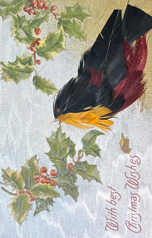 With best Christmas Wishes - Vintage Postcard With Bird Made of Real Feathers (RARE find)