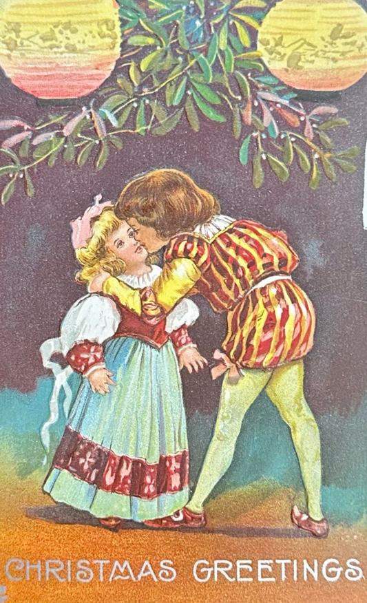 Christmas Greetings - Little English Lord Kissing Young Maiden - Vintage Postcard