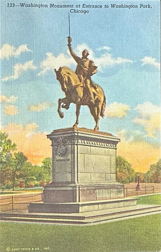 Washington Monument - Entrance to Washington Park - Chicago, Illinois - 1940s Linen Postcard