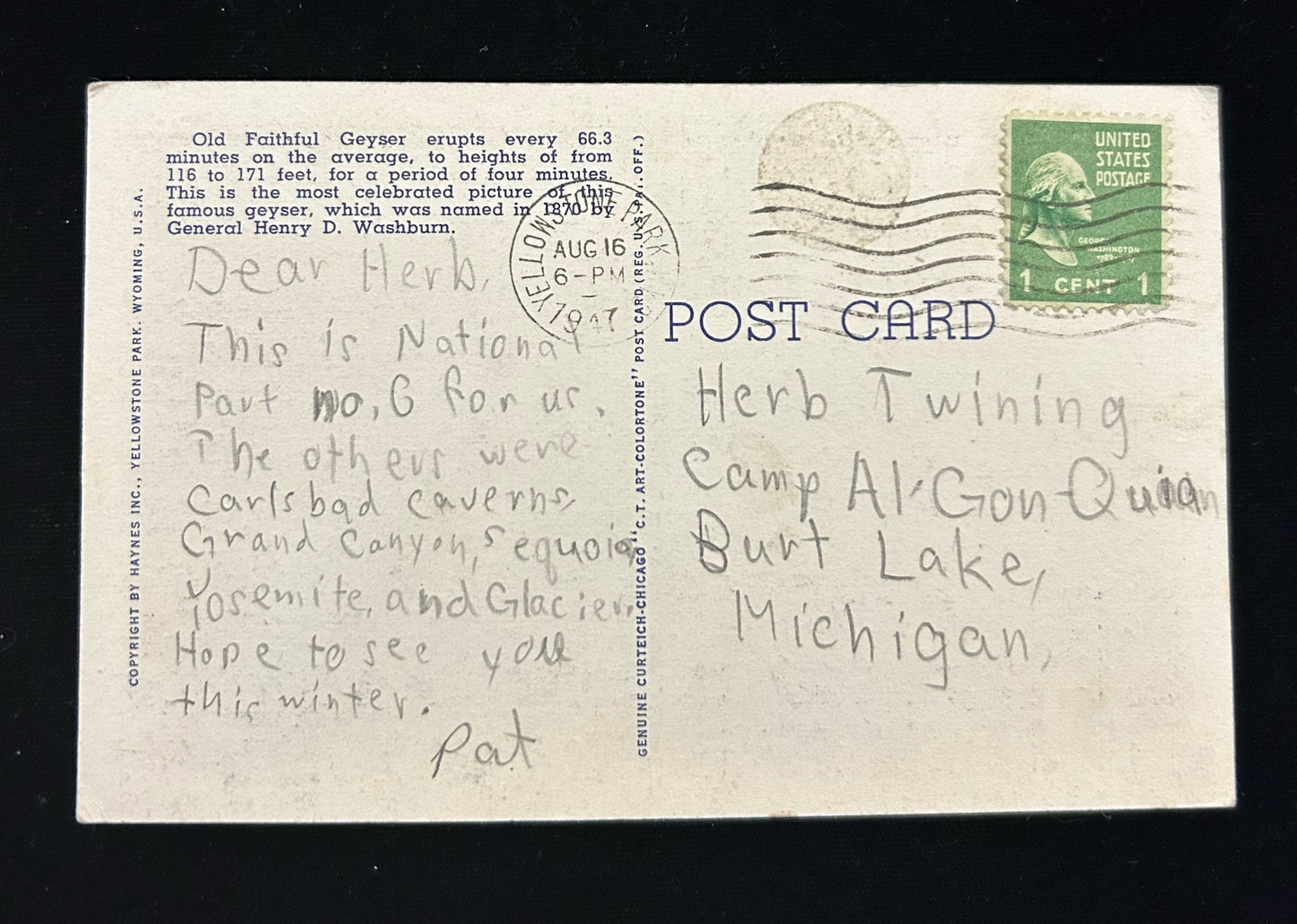 Old Faithful Geyser, Yellowstone National Park, Wyoming - Linen Postcard