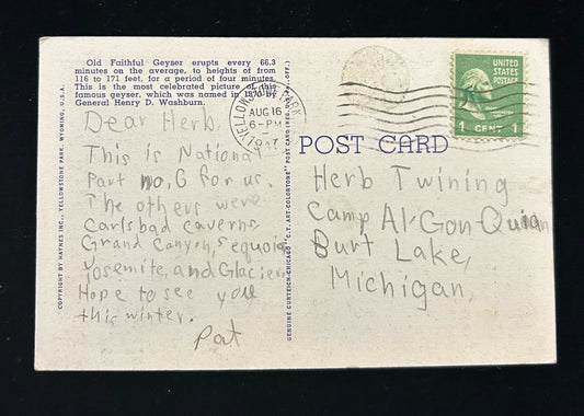 Old Faithful Geyser, Yellowstone National Park, Wyoming - Linen Postcard