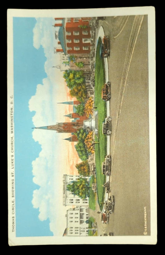 Thomas Circle, Showing St. Luke's Church, Washington, D.C. - Vintage 1930s Postcard