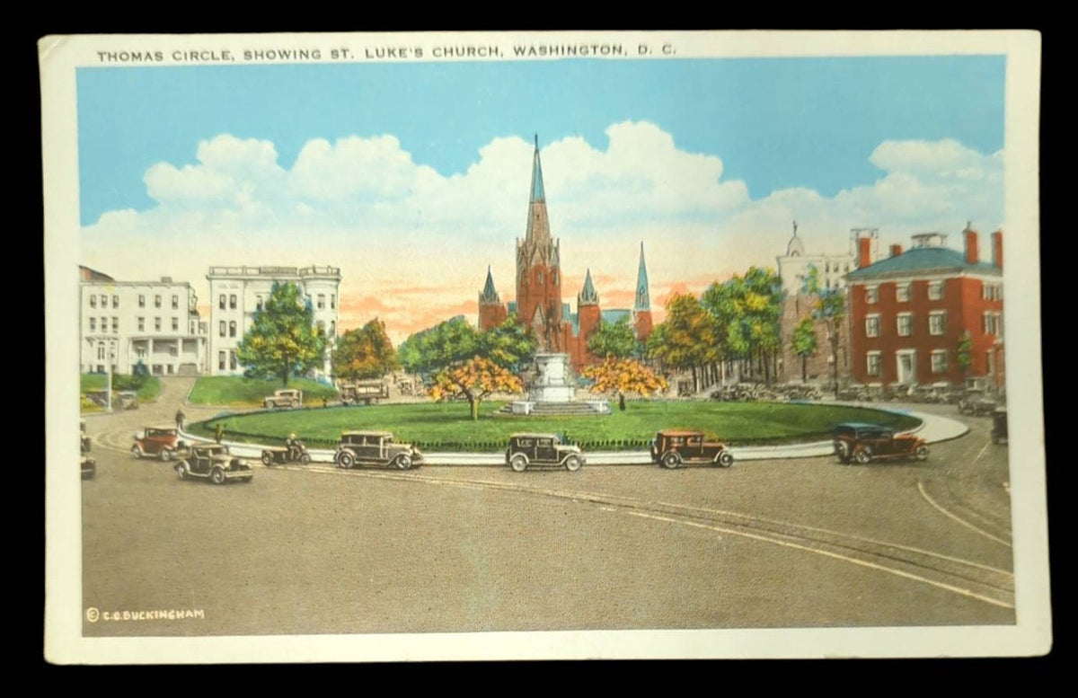 Thomas Circle, Showing St. Luke's Church, Washington, D.C. - Vintage 1930s Postcard