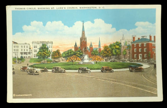 Thomas Circle, Showing St. Luke's Church, Washington, D.C. - Vintage 1930s Postcard