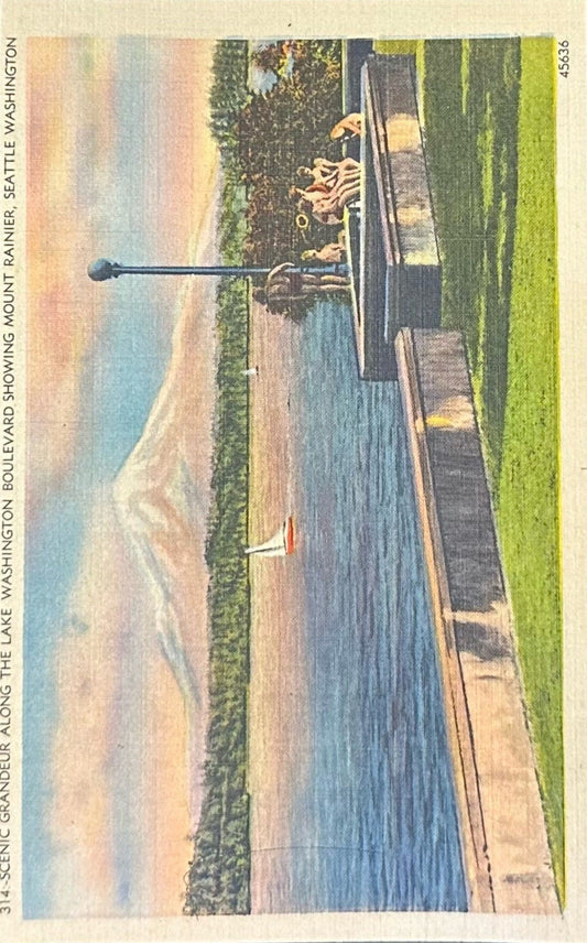 Scenic Grandeur Along the Lake Washington Boulevard - Showing Mount Rainer, Seattle, Washington - 1930s Linen Postcard