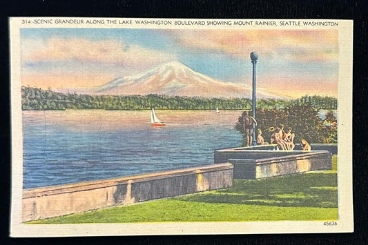 Scenic Grandeur Along the Lake Washington Boulevard - Showing Mount Rainer, Seattle, Washington - 1930s Linen Postcard