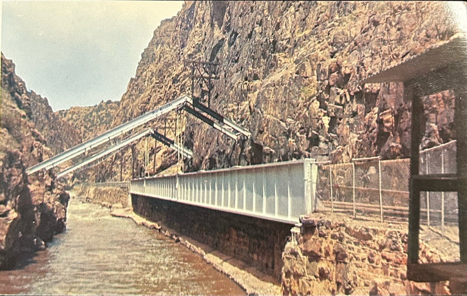 The Hanging Bridge at the Bottom of Royal Gorge - Colorado Springs, Colorado - Vintage Linen Postcar