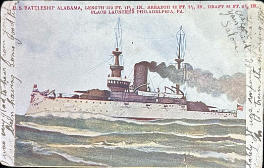 U.S. Battleship Alabama - Place Launched Philadelphia, Pennsylvania - 1908 Postcard