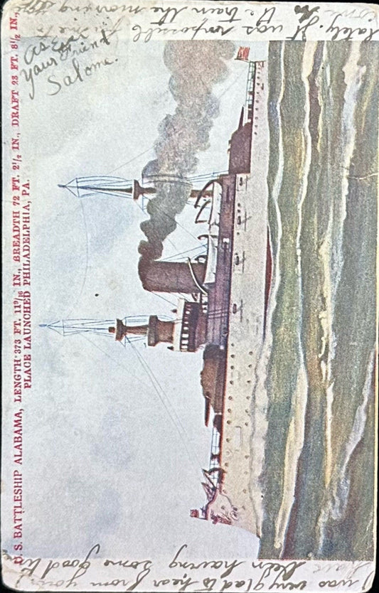 U.S. Battleship Alabama - Place Launched Philadelphia, Pennsylvania - 1908 Postcard