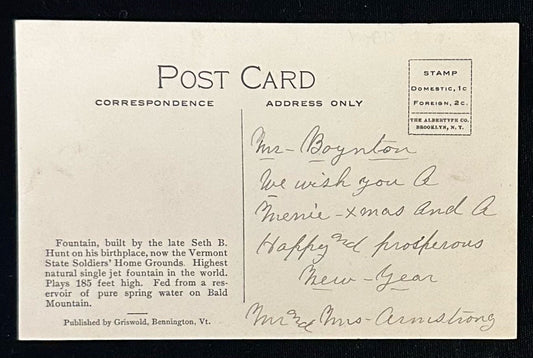 Hunt's Fountain, Bennington, Vermont - Vintage Linen Postcard Copy of Black and White Photo