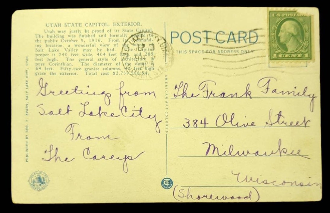 Utah State Capital, Salt Lake City, Utah - Vintage Postcard