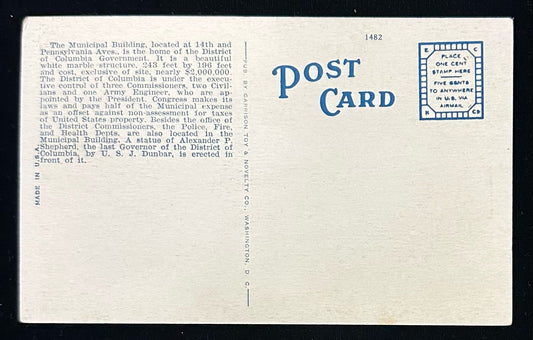 Municipal Building Washington, D.C., Maryland - Vintage 1950s Postcard