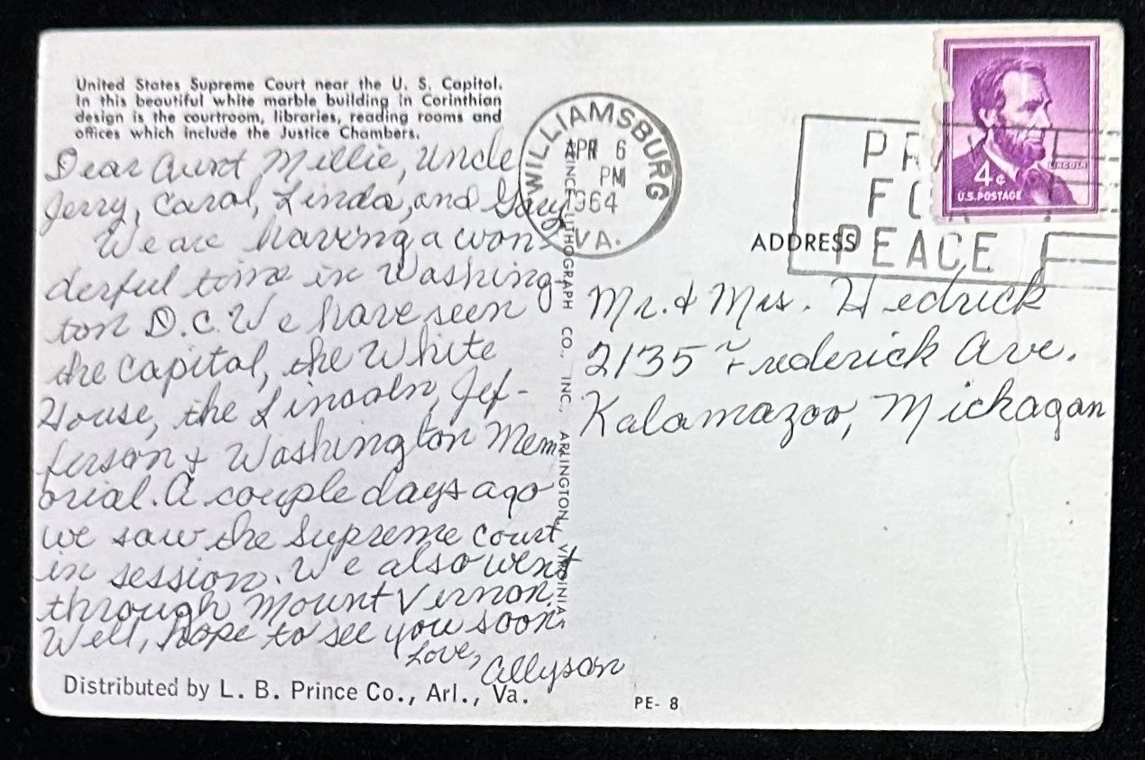 United States Supreme Court near the U.S. Capitol, Washington, D.C. - Vintage 1960s Postcard