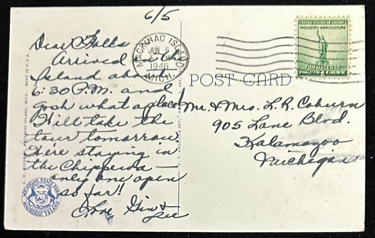 Chippewa Hotel, U.S. Life Saving Station showing Old Fort in Distance, Mackinac Island, Michigan - Linen Vintage Postcard