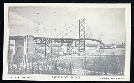 Ambassador Bridge, Windsor, Ontario and Detroit, Michigan - Vintage Postcard